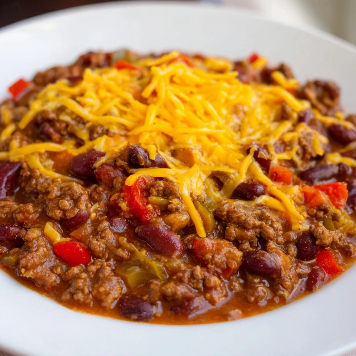 Steamy bowl of Spicy Beef Chili with Cheddar Cheese, garnished with fresh scallions and shredded sharp cheddar.