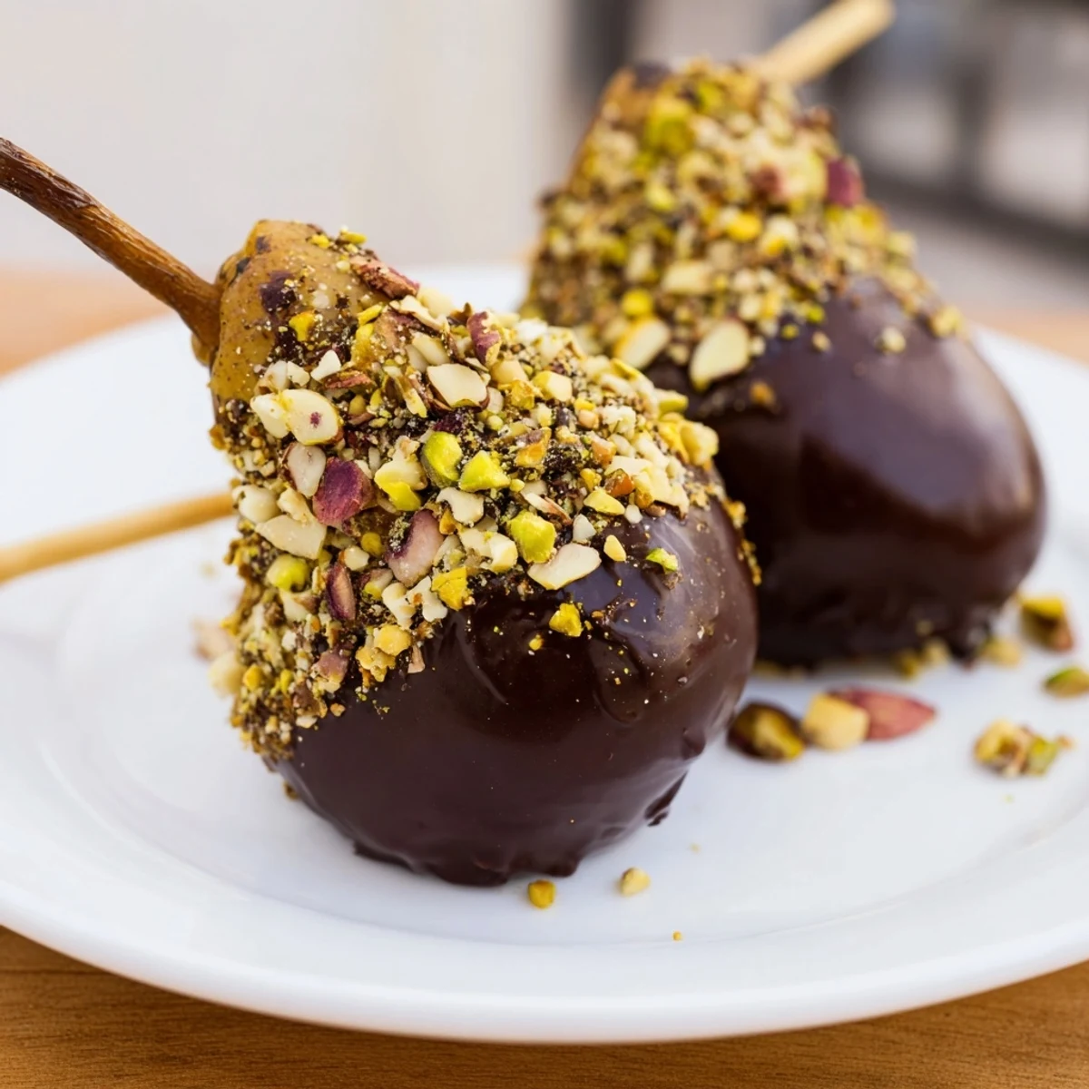 Juicy ripe pear halves with dark chocolate coating, topped with pistachios and almonds, served on a wooden board.