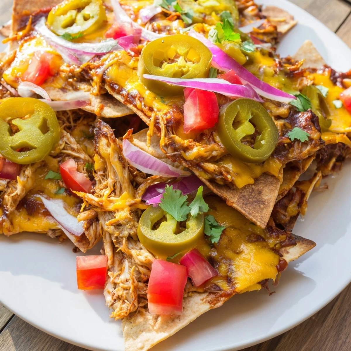 Golden-brown Pulled Chicken Nachos with Jalapeños, melted cheddar, and fresh cilantro on a rustic platter.
