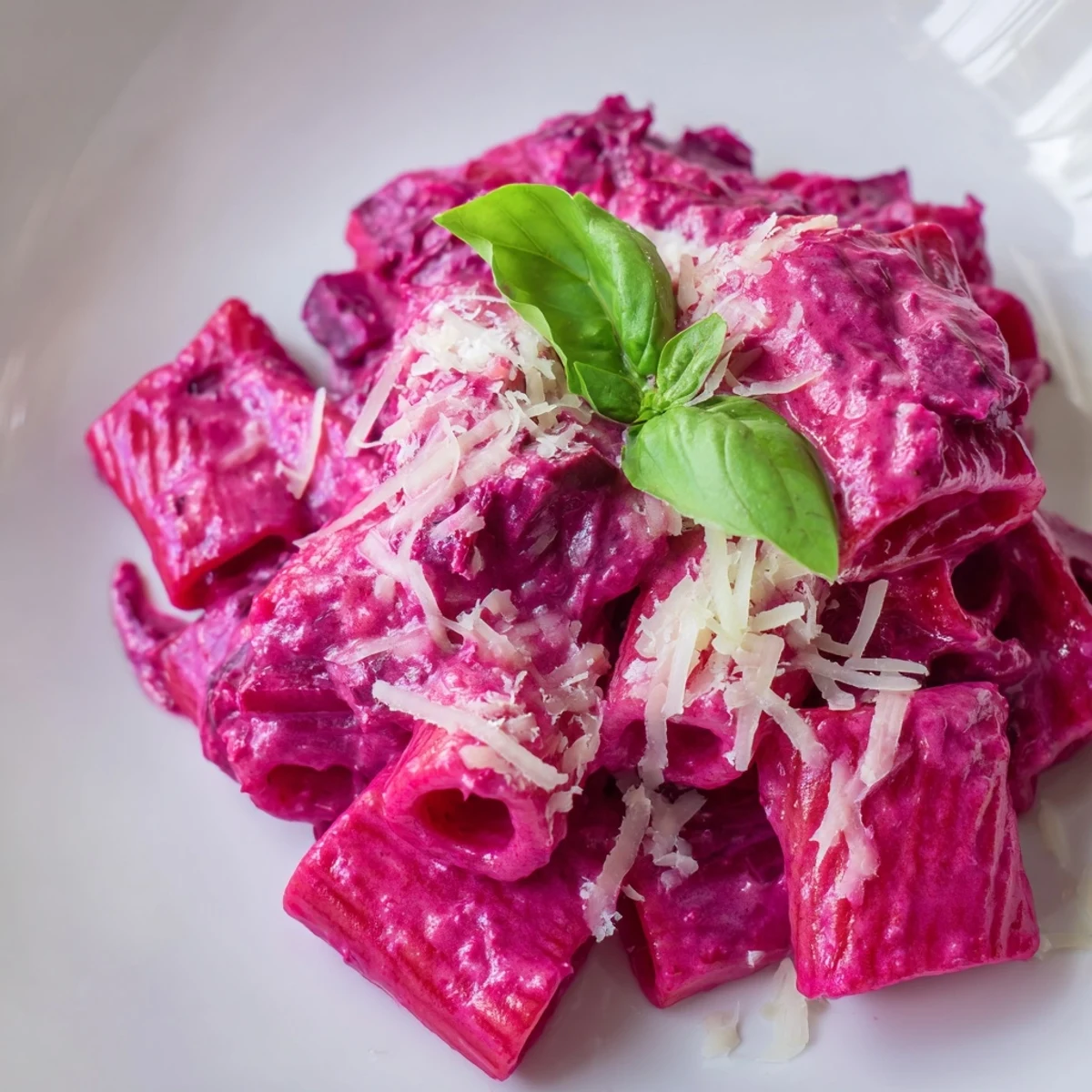 Bright pink Penne pasta coated in a creamy roasted beet sauce, garnished with fresh basil leaves and grated Parmesan cheese.