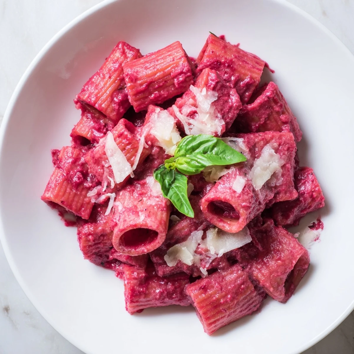 Fork-ready Penne pasta tossed with a luscious pink beet cream sauce, topped with fresh basil and extra Parmesan cheese for a colorful meal.