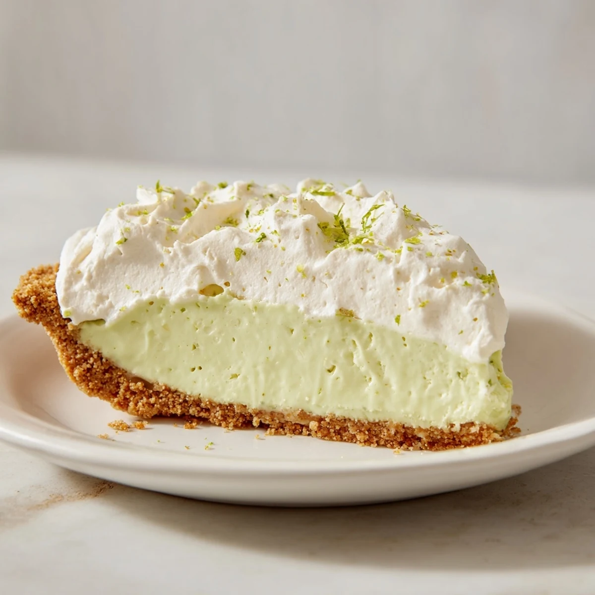 A chilled slice of Key Lime Pie with Whipped Cream Topping sits on a white plate, garnished with fresh lime zest.