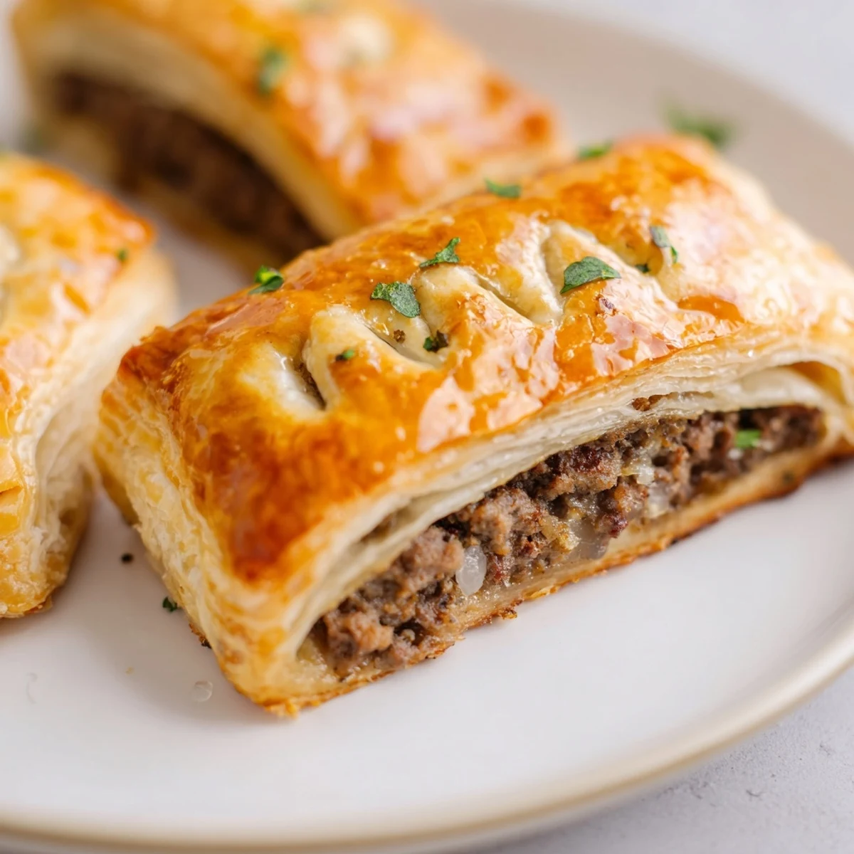 Golden-brown Sausage Rolls with Puff Pastry and Beef are arranged on a white platter, served with small dipping bowls of ketchup and mustard.