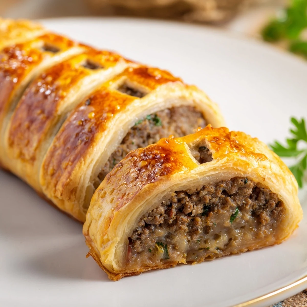 Close-up of sliced Sausage Rolls with Puff Pastry and Beef revealing a savory beef filling with herbs on a dark kitchen counter.