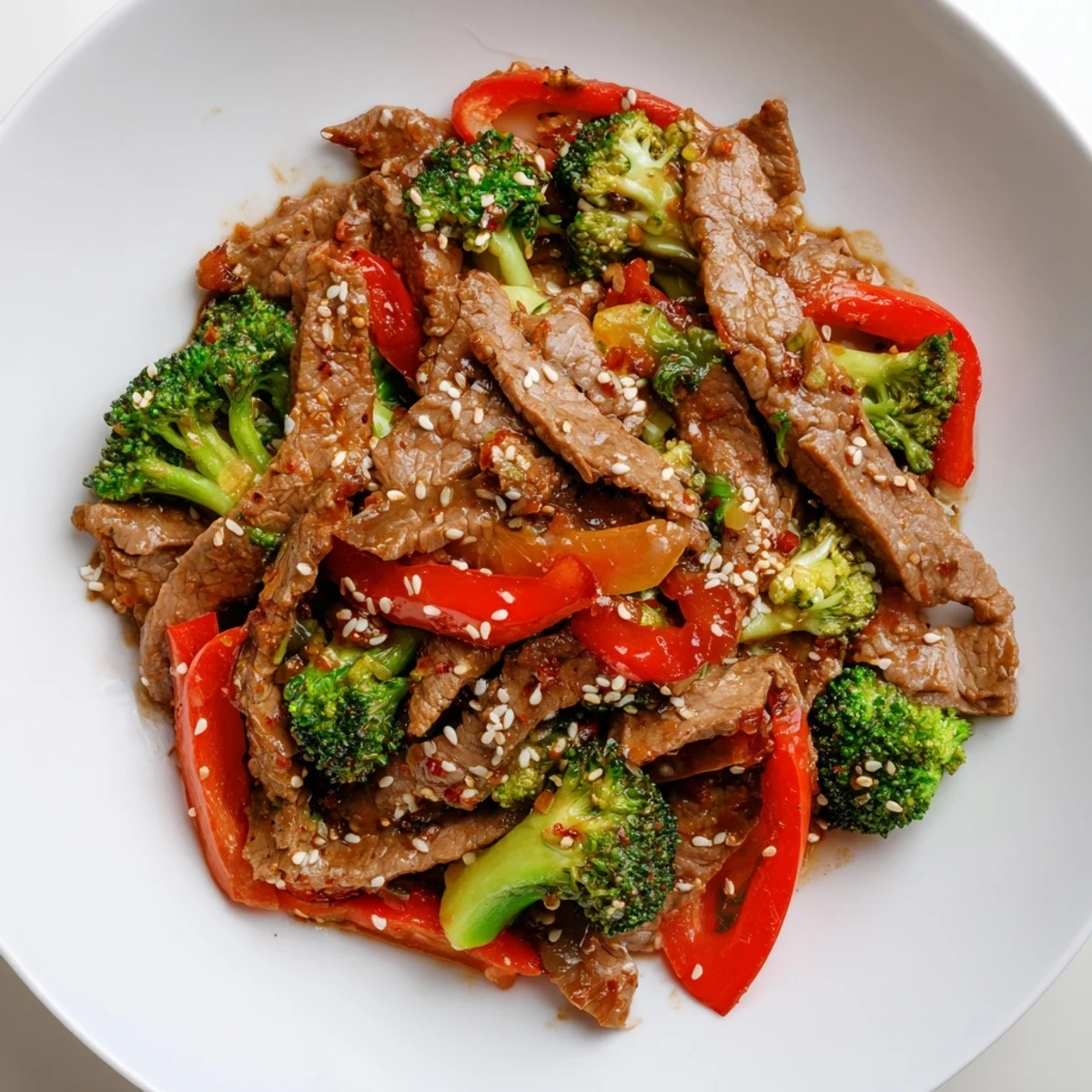 Sizzling Spicy Beef and Broccoli Stir Fry with crisp green florets and tender beef strips glistening in a glossy, reddish-brown sauce.  