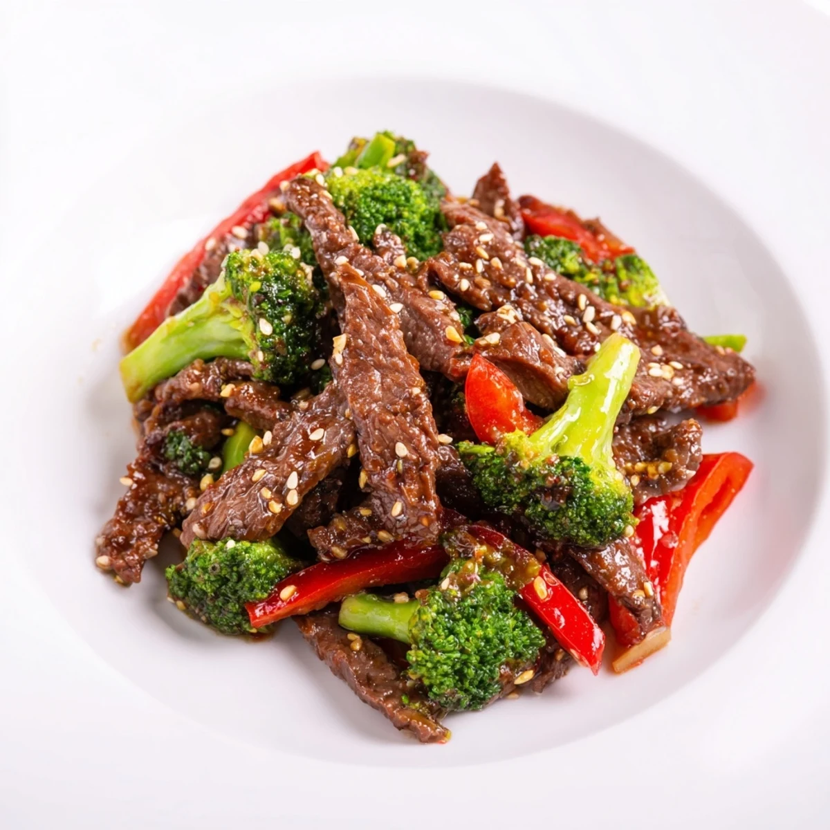 A close-up view of Spicy Beef and Broccoli Stir Fry, garnished with sesame seeds and green onions, served over fluffy white rice.  