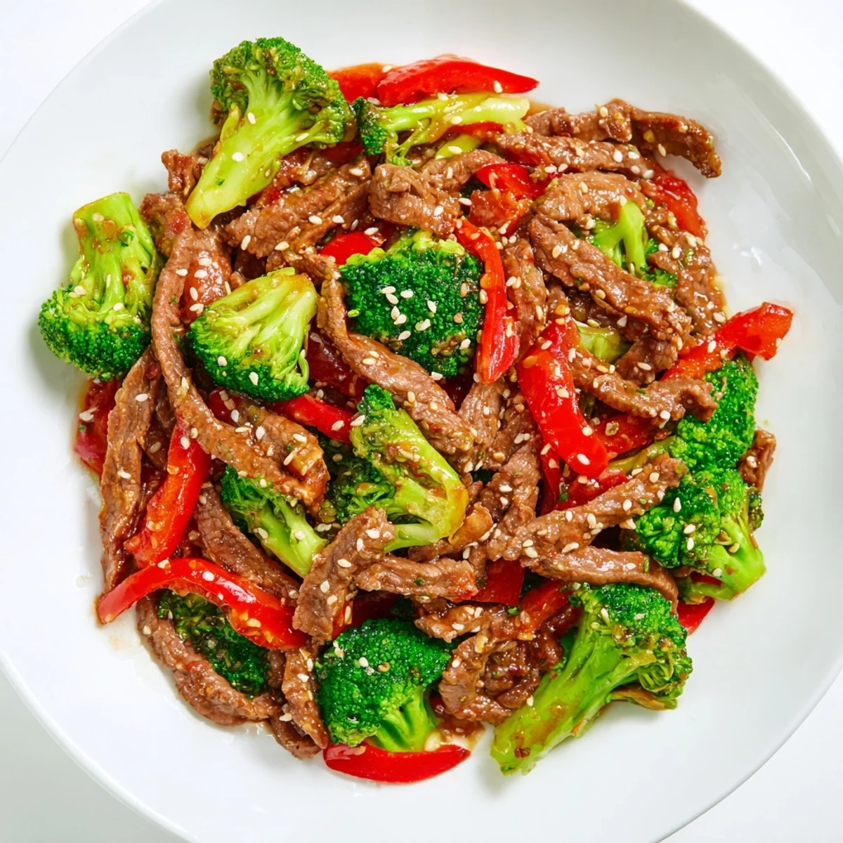Vibrant platter of Spicy Beef and Broccoli Stir Fry, featuring colorful red bell peppers and a steaming, aromatic, savory sauce.