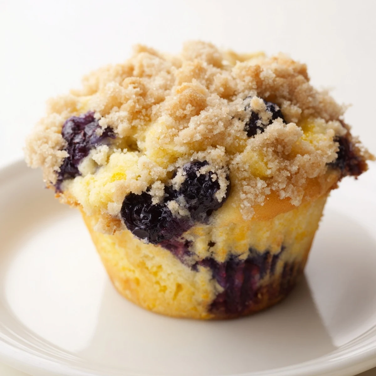 A close-up view shows the golden-brown crumb of Lemon Blueberry Muffins, with juicy blueberries peeking out from the soft, moist interior.