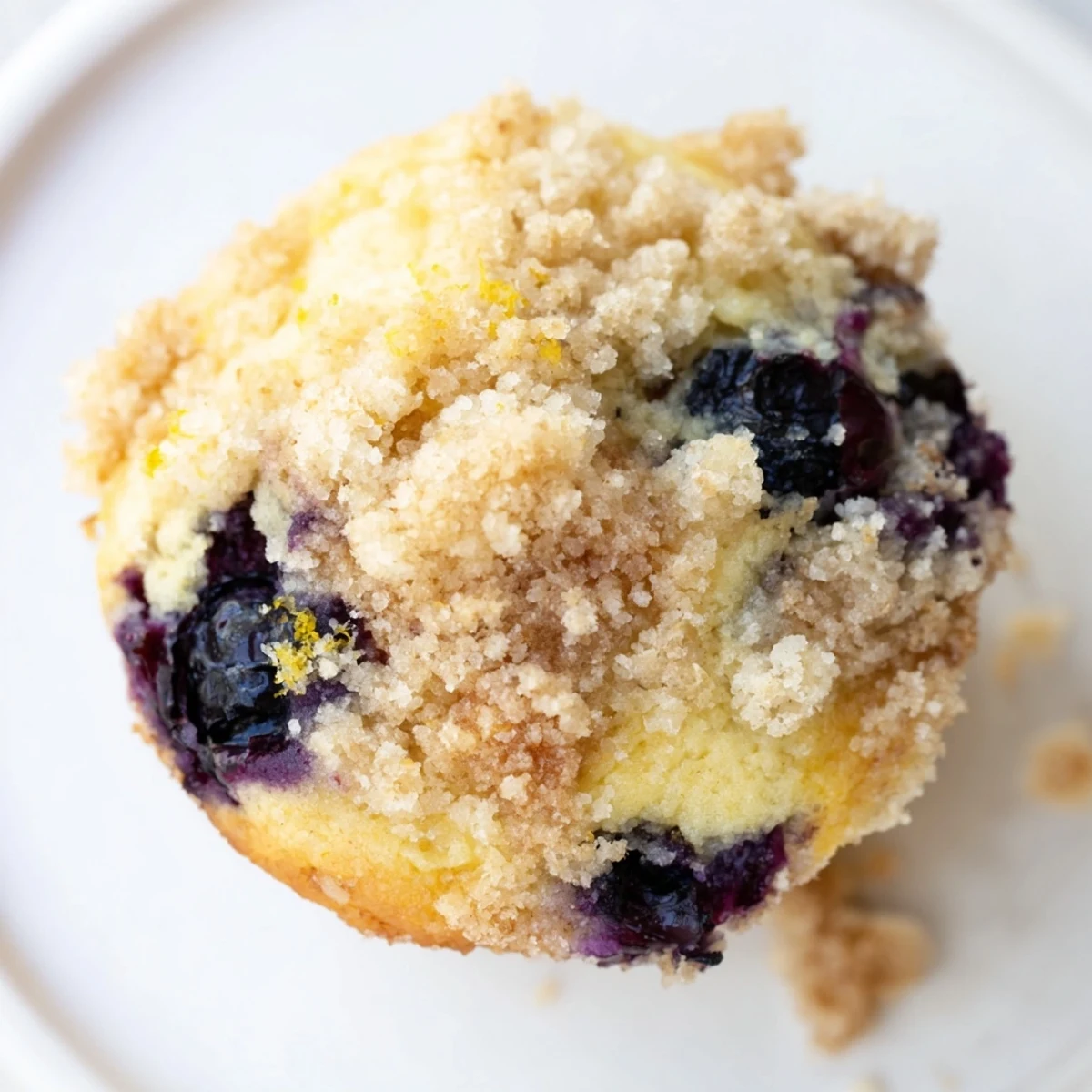 Fresh lemon zest is sprinkled over a batch of warm Lemon Blueberry Muffins, served on a white plate beside a steaming cup of tea.