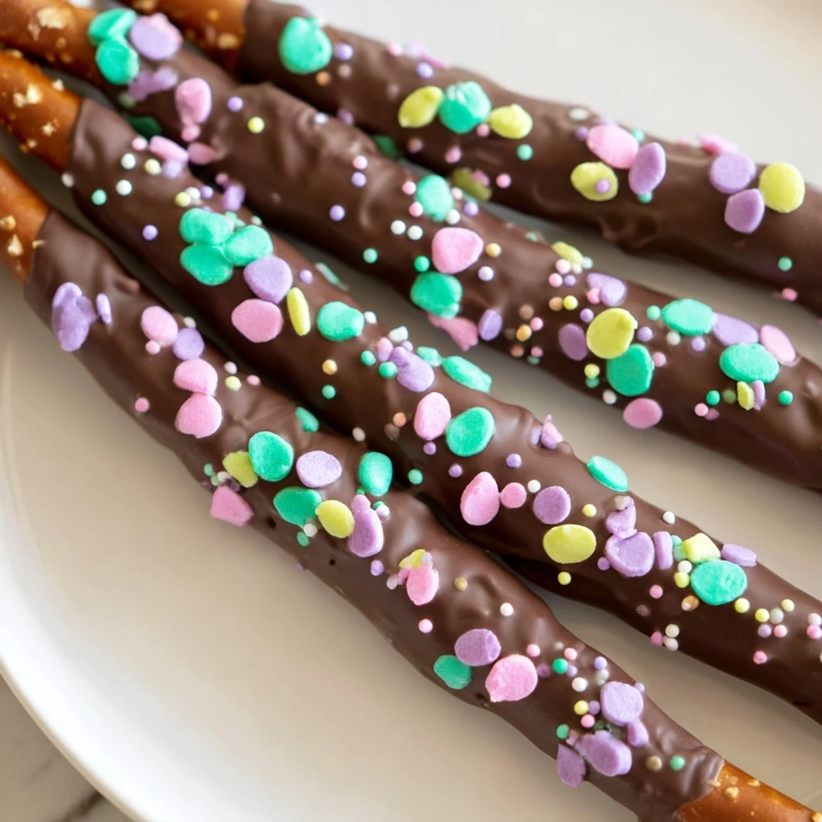 Perfectly portioned Chocolate Covered Pretzels with Pastel Sprinkles arranged on a parchment-lined baking sheet, ideal for party favors or gift bags.  