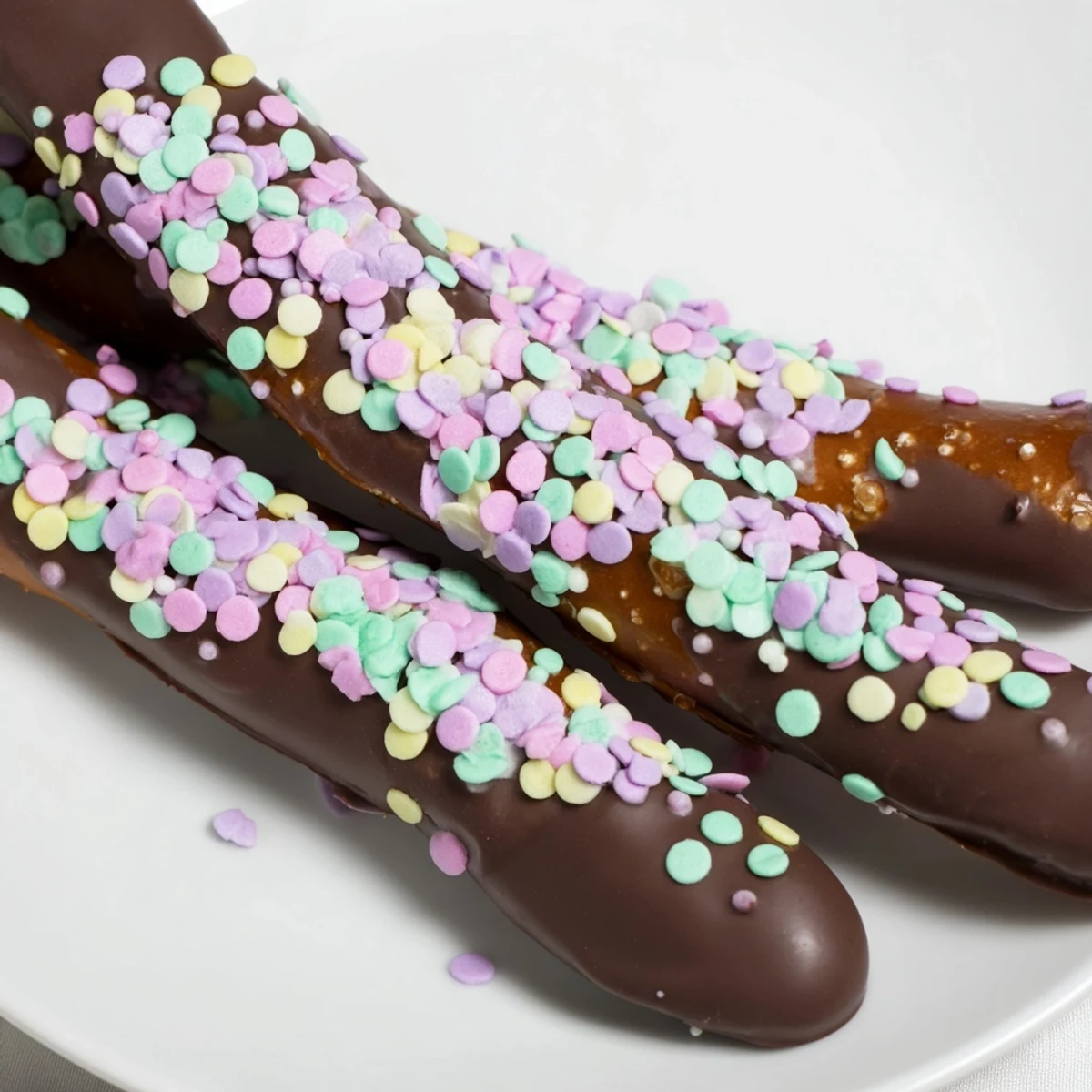 Crispy pretzel rods dipped in silky melted chocolate, generously sprinkled with cheerful pastel toppings for a sweet and salty snack.  