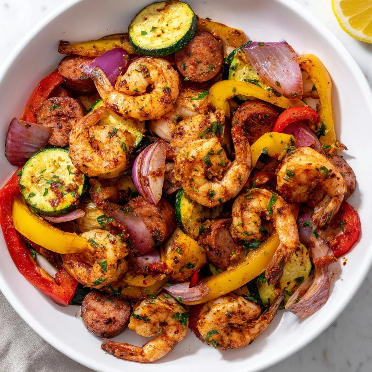 Golden-brown Cajun shrimp and smoky sausage sizzle in a skillet alongside vibrant red and yellow bell peppers, zucchini, and onions. 