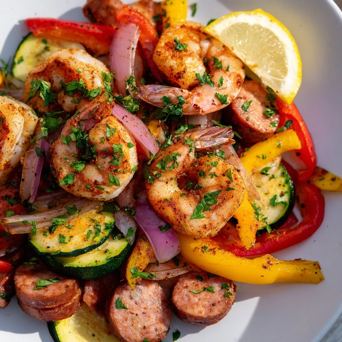 A close-up of Cajun shrimp and sausage skillet shows juicy pink shrimp and caramelized sausage pieces tossed with fresh parsley and lemon wedges. 