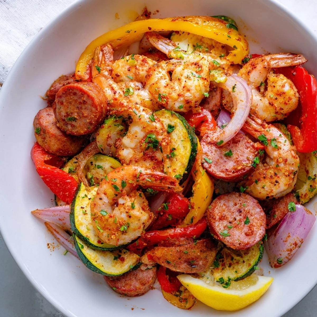 Sizzling skillet of Cajun shrimp and sausage features tender vegetables and bold spices, ready to be served over fluffy white rice.