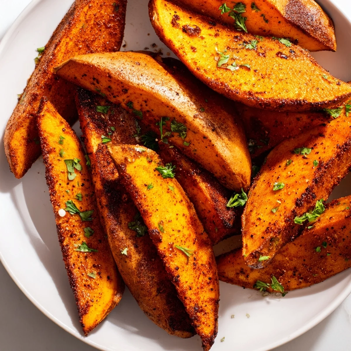 Golden roasted sweet potato wedges with paprika, garnished with fresh parsley and served with lemon wedges on a rustic platter.