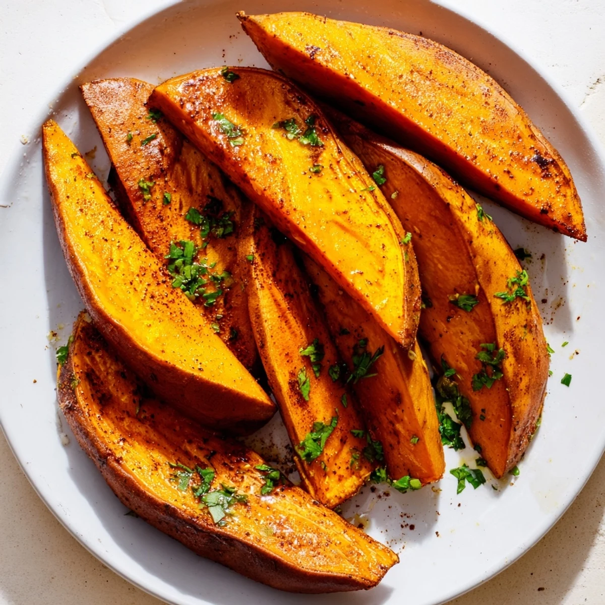 Crispy edged sweet potato wedges tossed in smoked paprika, freshly roasted and ready to enjoy as a vibrant side dish.