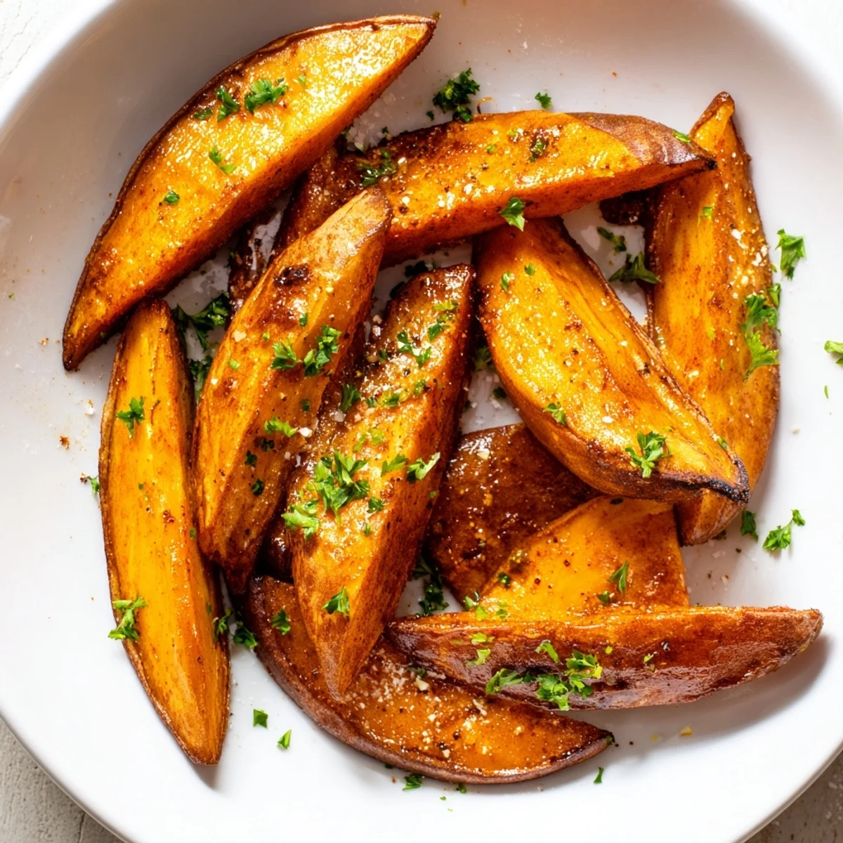 A close-up of paprika-seasoned sweet potato wedges, oven-roasted to perfection and arranged with parsley for a colorful serving.