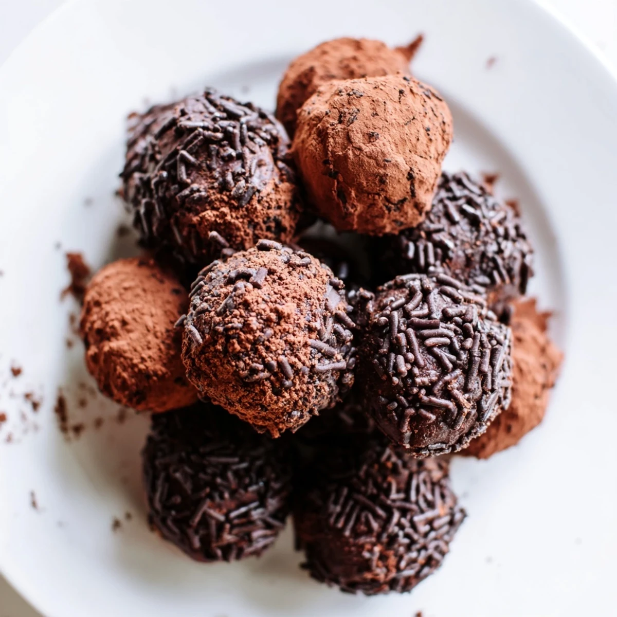 Decadent Irish Cream Truffles dusted with cocoa powder, arranged on a marble counter for a festive holiday dessert spread.  