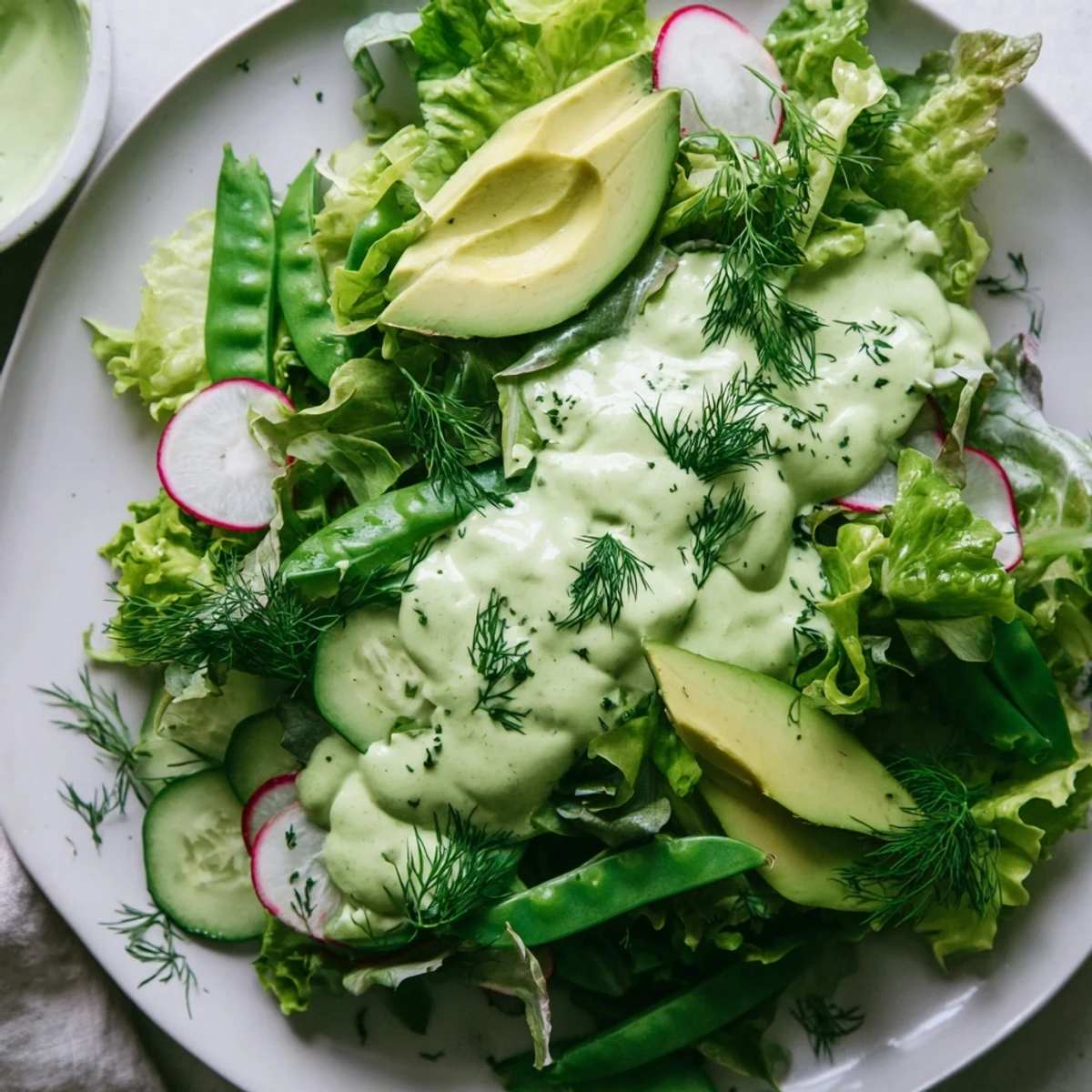 Ready-to-serve Green Goddess salad, garnished with fresh herbs and drizzled with tangy, homemade dressing.
