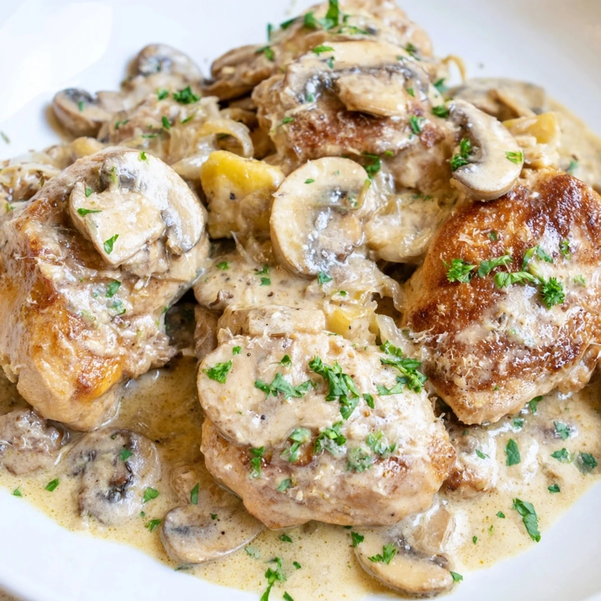 Golden seared chicken breasts nestled in a creamy garlic mushroom sauce, served over a bed of pasta.  