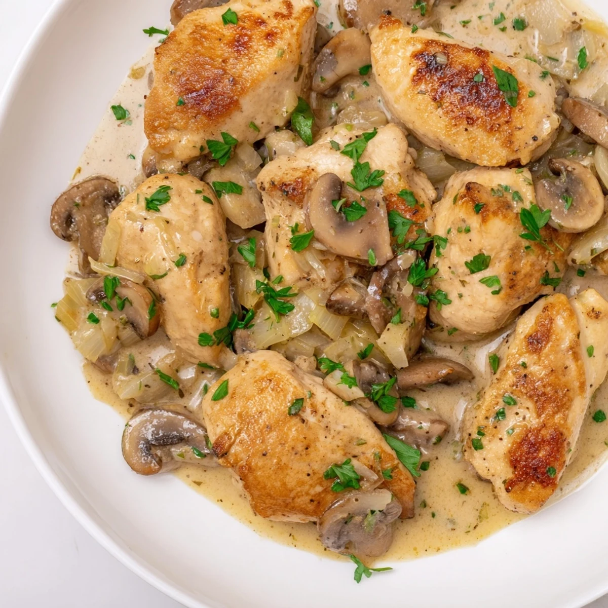 Sizzling skillet of Creamy Garlic Mushroom Chicken with rich Parmesan sauce, perfect alongside mashed potatoes.