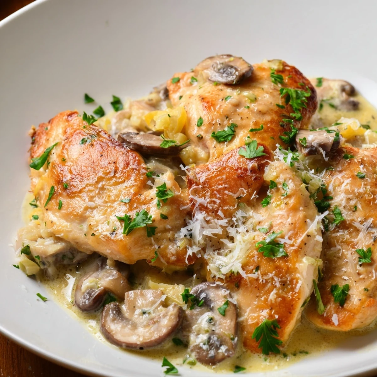 Fresh thyme and parsley garnish this comforting Creamy Garlic Mushroom Chicken dinner ready in 40 minutes.  