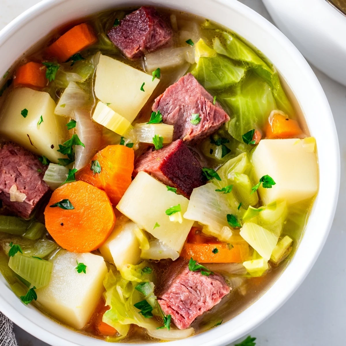 Steam rises from a bowl of Corned Beef and Cabbage Soup, filled with tender chunks of corned beef, diced carrots, and wilted green cabbage.