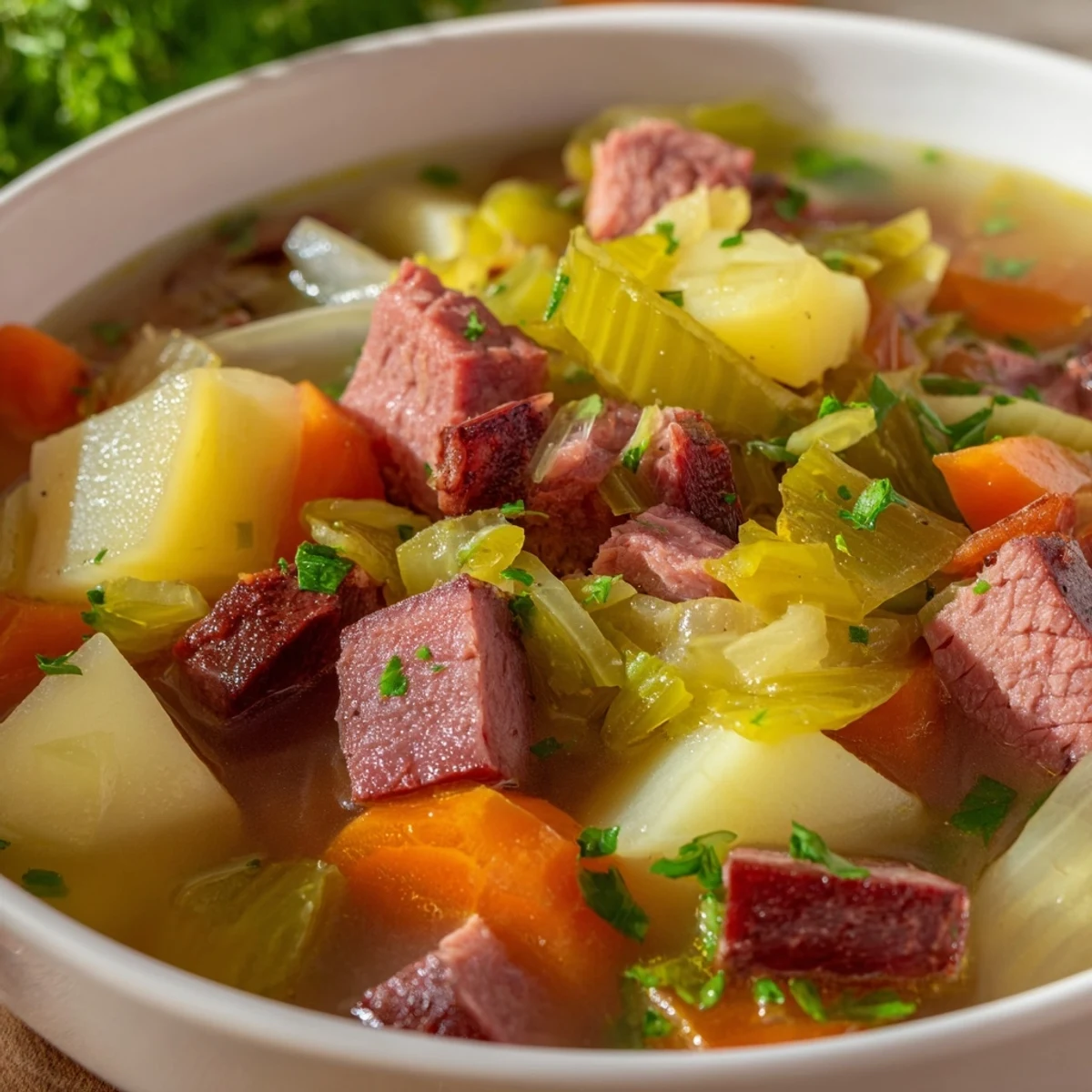 Close-up of a ladle serving Corned Beef and Cabbage Soup, showcasing the rich broth and tender vegetables in a cozy kitchen setting.