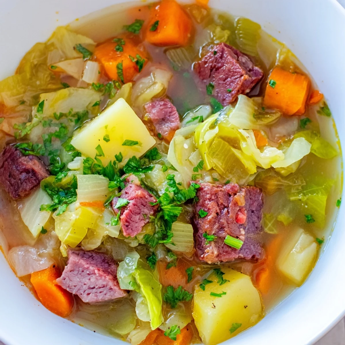 Hearty Corned Beef and Cabbage Soup steaming in a rustic bowl, featuring diced potatoes, carrots, and fresh parsley garnish.
