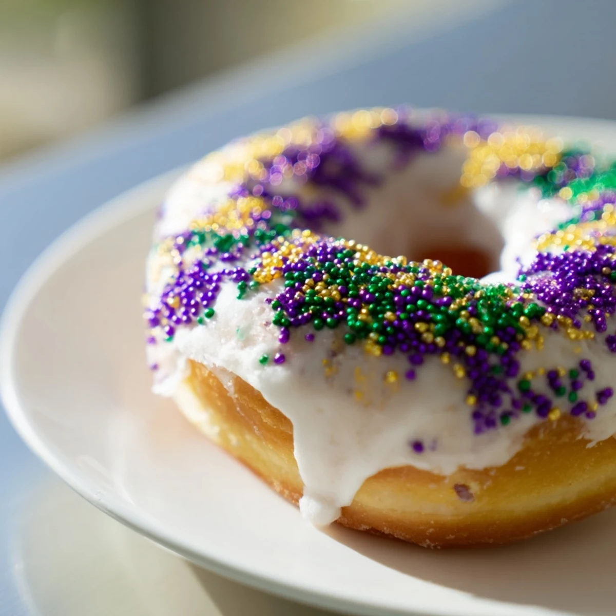 Golden-brown Mardi Gras King Cake Donuts drizzled with white icing and topped with purple, green, and gold sprinkles on a baking rack.