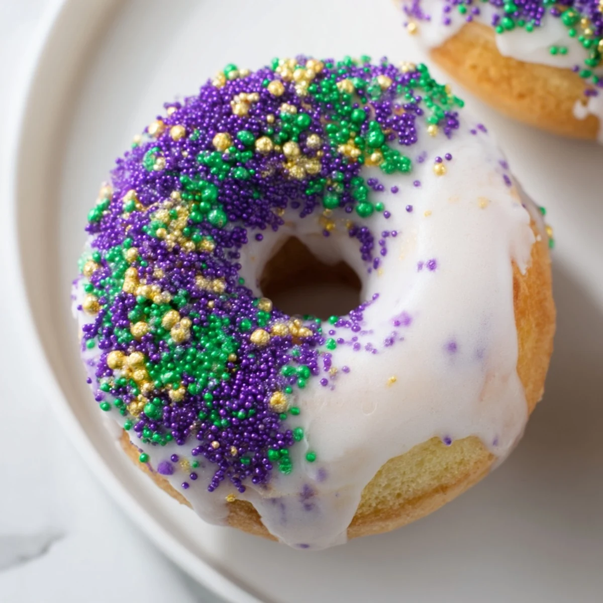 A close-up of soft Mardi Gras King Cake Donuts, showcasing fluffy texture, sweet glaze, and festive colorful sugar crystals for celebration.