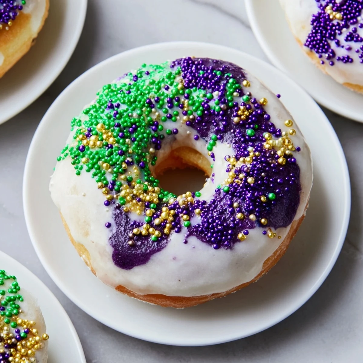 A tray of freshly baked Mardi Gras King Cake Donuts with vibrant icing and traditional carnival colors, ready to serve at a party.