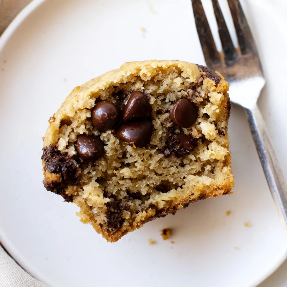 Freshly baked Chocolate Chip Banana Bread Muffins with melty chocolate chips on top.