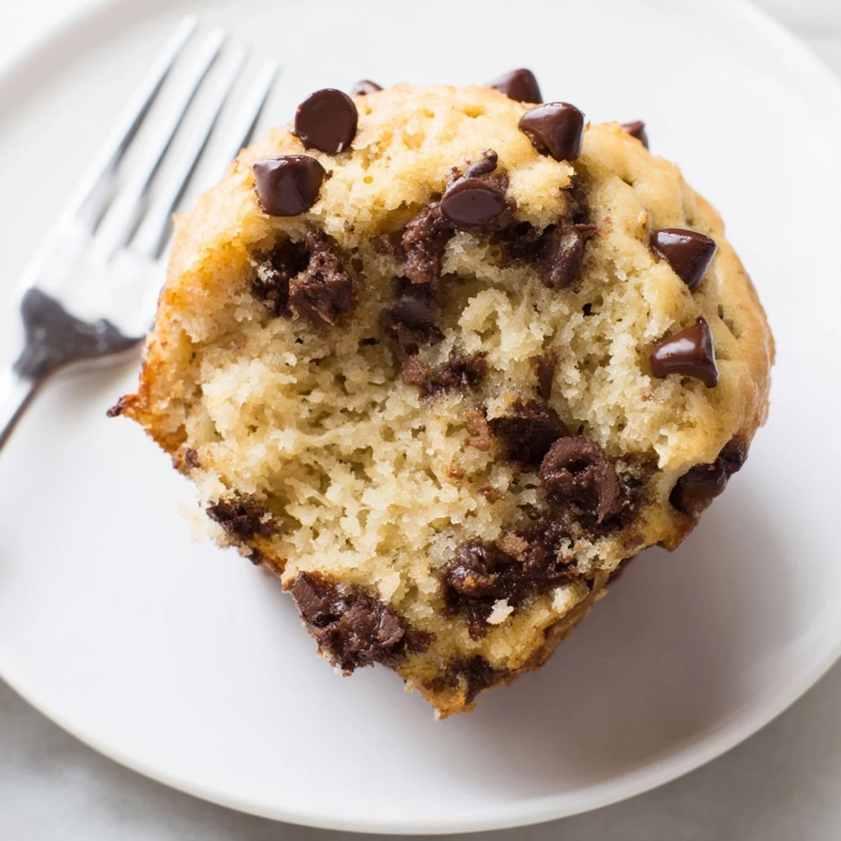 Moist Chocolate Chip Banana Bread Muffins stacked on a plate for breakfast.