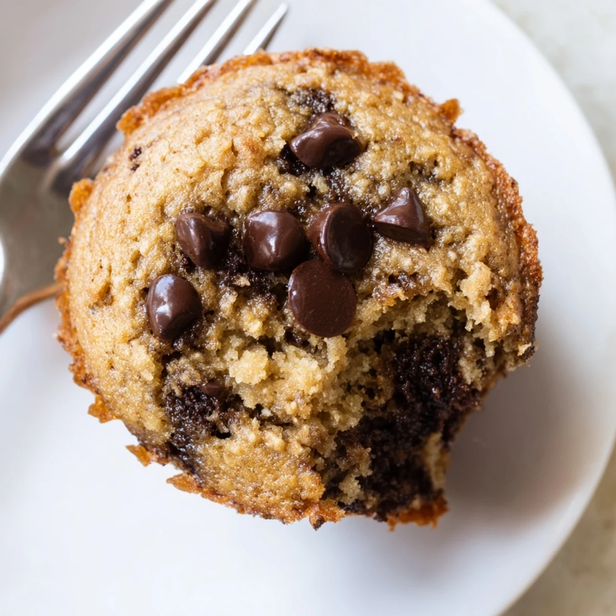 Warm Chocolate Chip Banana Bread Muffins served on a rustic wooden board.
