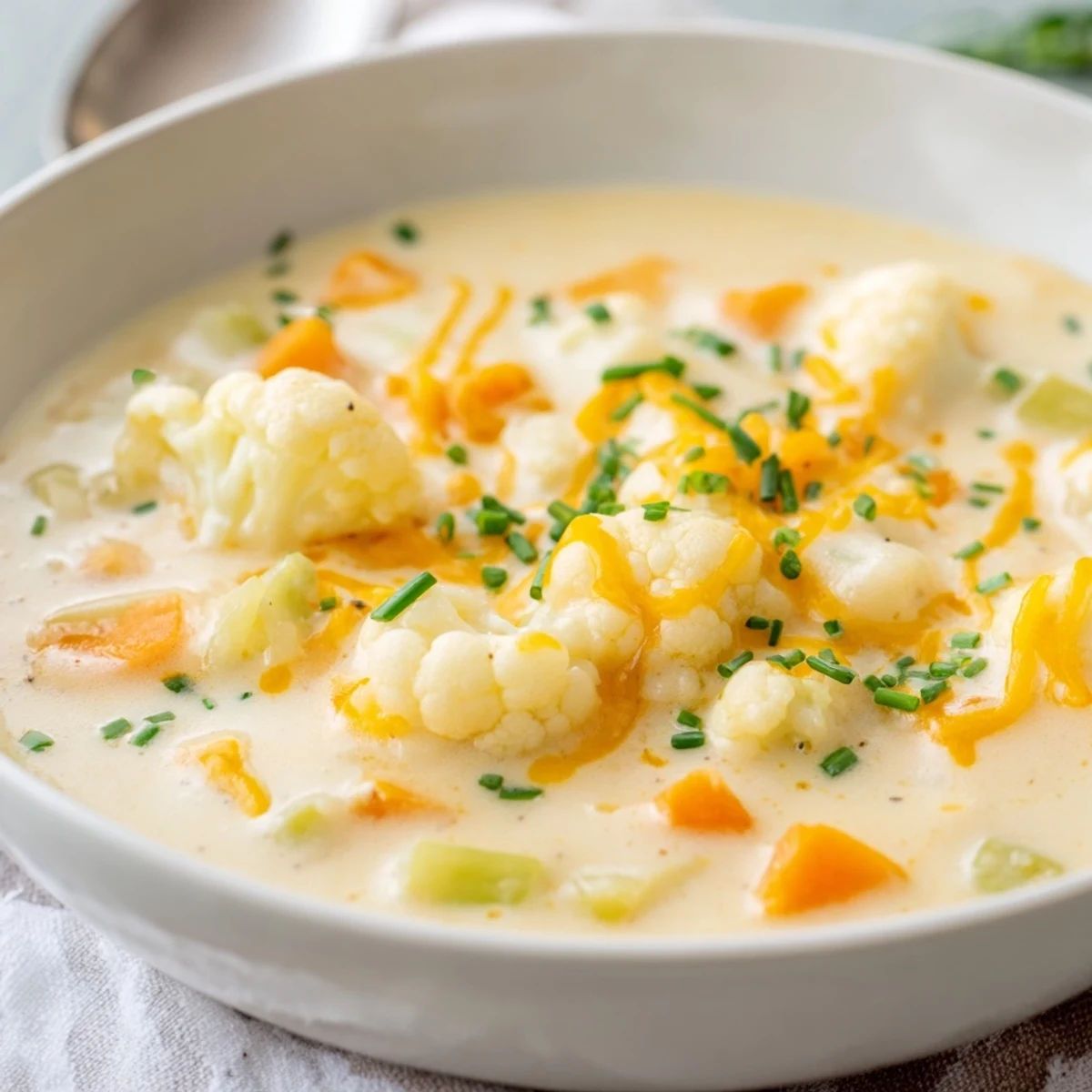 A close-up photo of creamy cauliflower cheddar chowder in a rustic bowl, garnished with fresh chives and extra shredded cheese for serving.
