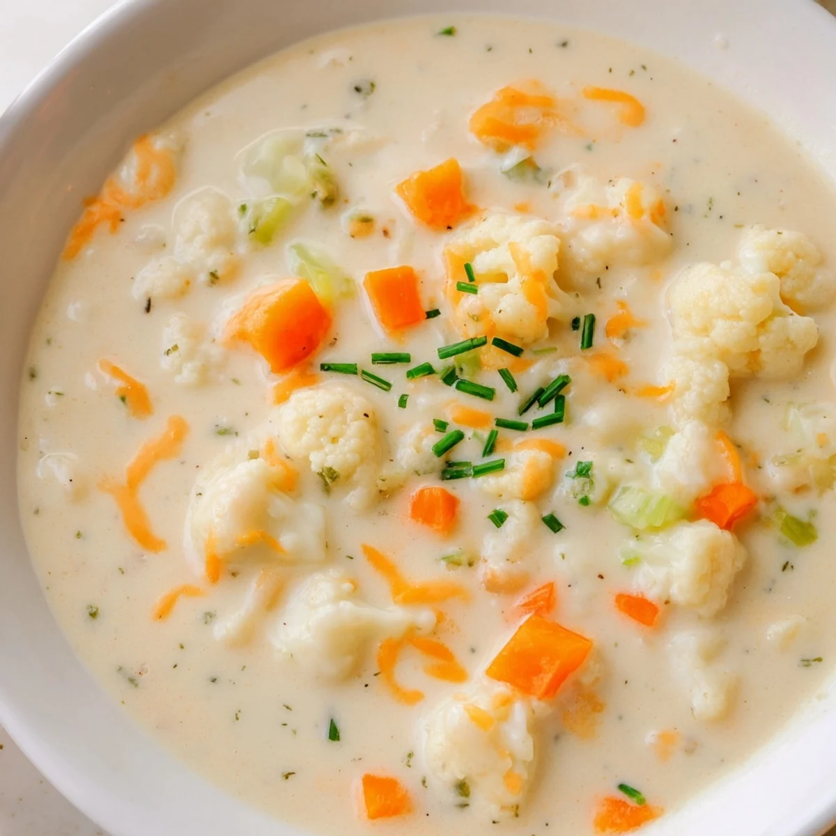 Image shows a ladle dipping into a pot of creamy cauliflower cheddar chowder, revealing rich soup with tender vegetables and melted cheese.