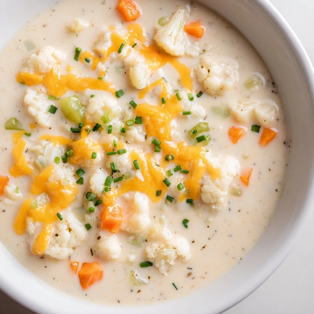 This vegetarian creamy cauliflower cheddar chowder is served hot in a white ceramic bowl, with steam rising from the smooth texture.