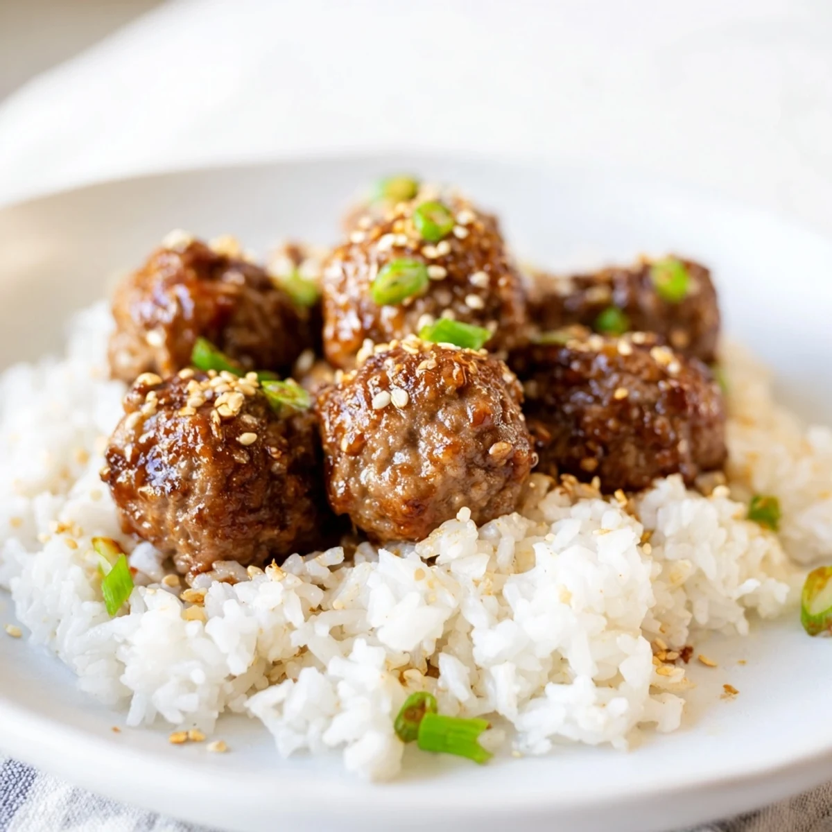 Glistening Spicy Sriracha Beef Meatballs glazed in a sweet and spicy sauce served over fluffy jasmine rice for a bold meal.