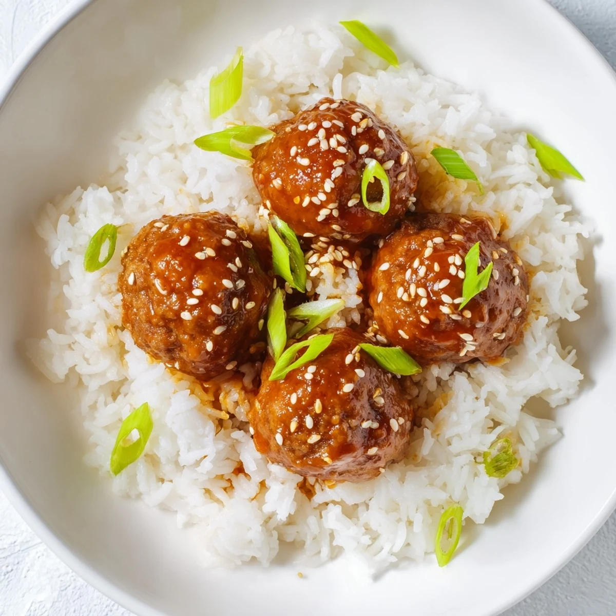 A close-up of tender Spicy Sriracha Beef Meatballs coated in a thick glaze beside perfectly cooked fluffy jasmine rice.
