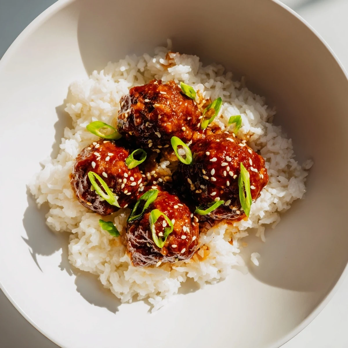 Juicy baked Spicy Sriracha Beef Meatballs garnished with green scallions and sesame seeds on a bed of aromatic jasmine rice.