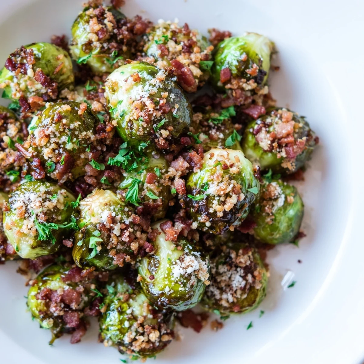 Golden roasted Brussels sprouts with crispy turkey bacon, garnished with fresh parsley and Parmesan on a rustic serving platter.