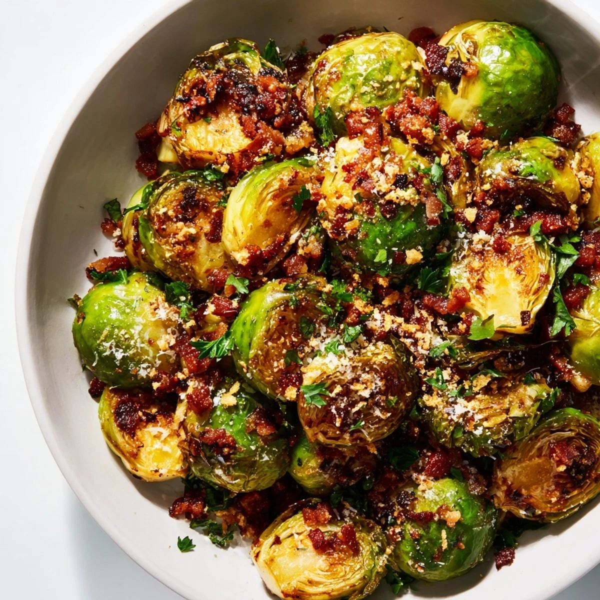 Close-up of crispy, caramelized Brussels sprouts and turkey bacon on a baking sheet, ready to serve with optional Parmesan.