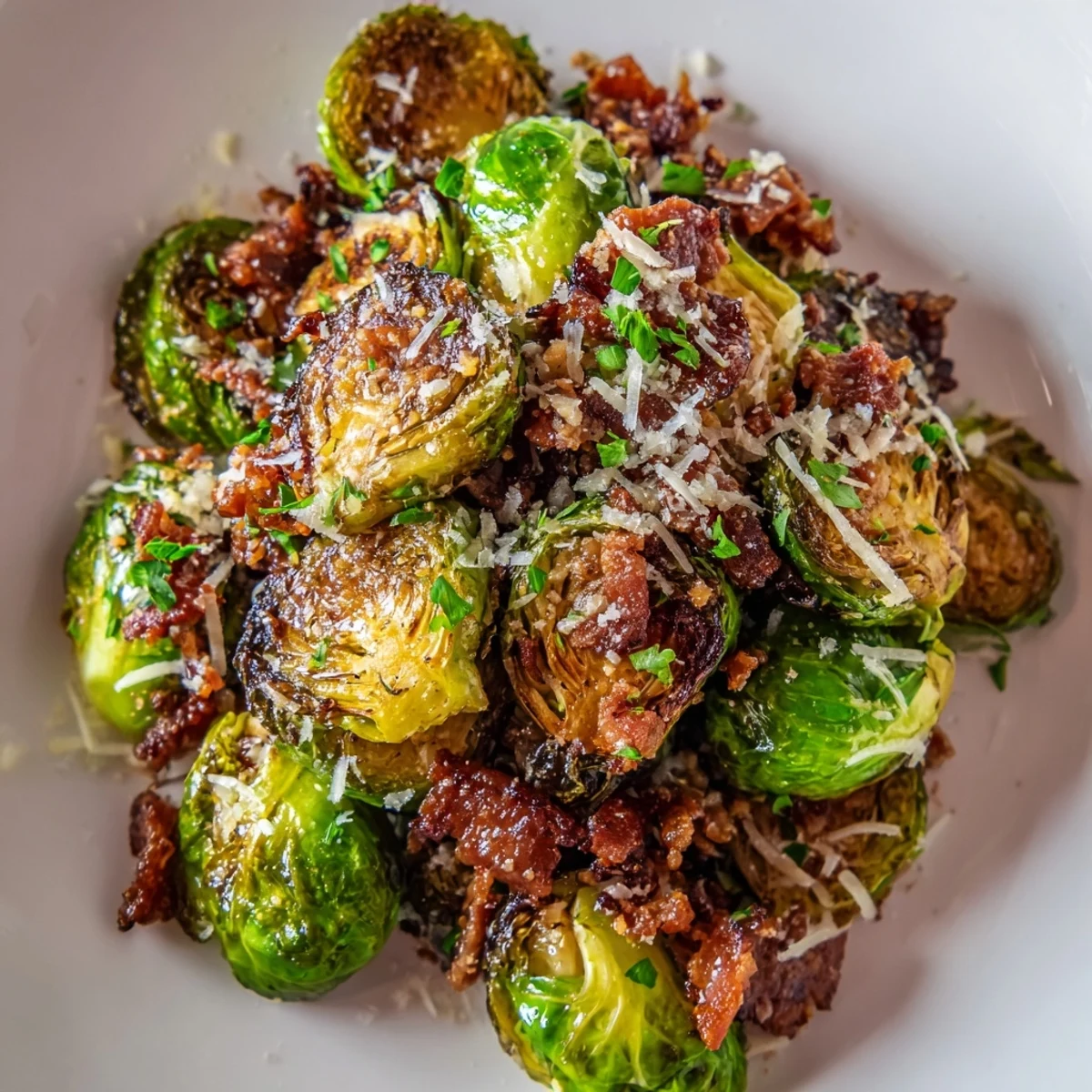 Freshly roasted Brussels sprouts with turkey bacon, served warm as a healthy gluten-free side dish for American dinners.