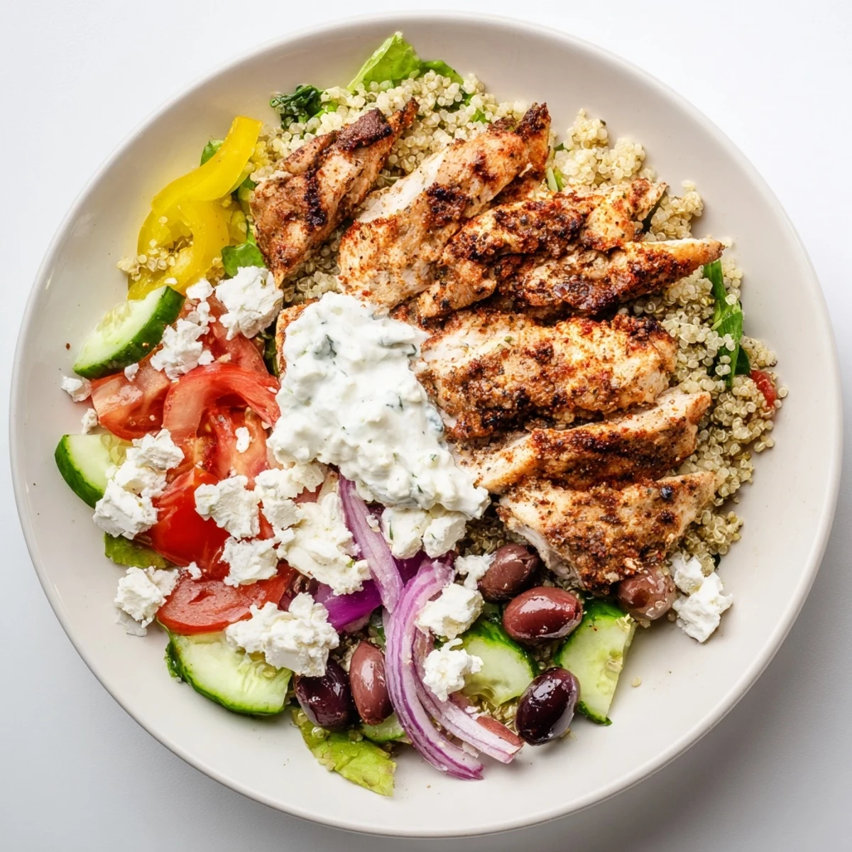 Juicy Greek Chicken Gyro Bowls with Tzatziki feature tender chicken, crisp vegetables, and creamy sauce on fluffy quinoa.
