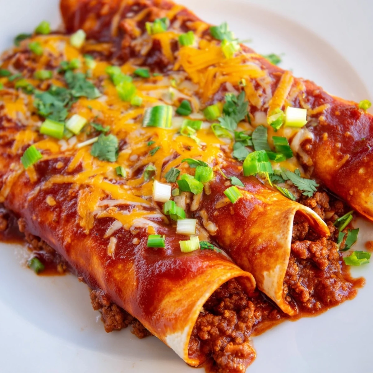 Golden melted cheese blankets beef-filled corn tortillas smothered in a rich homemade red enchilada sauce, garnished with fresh cilantro.