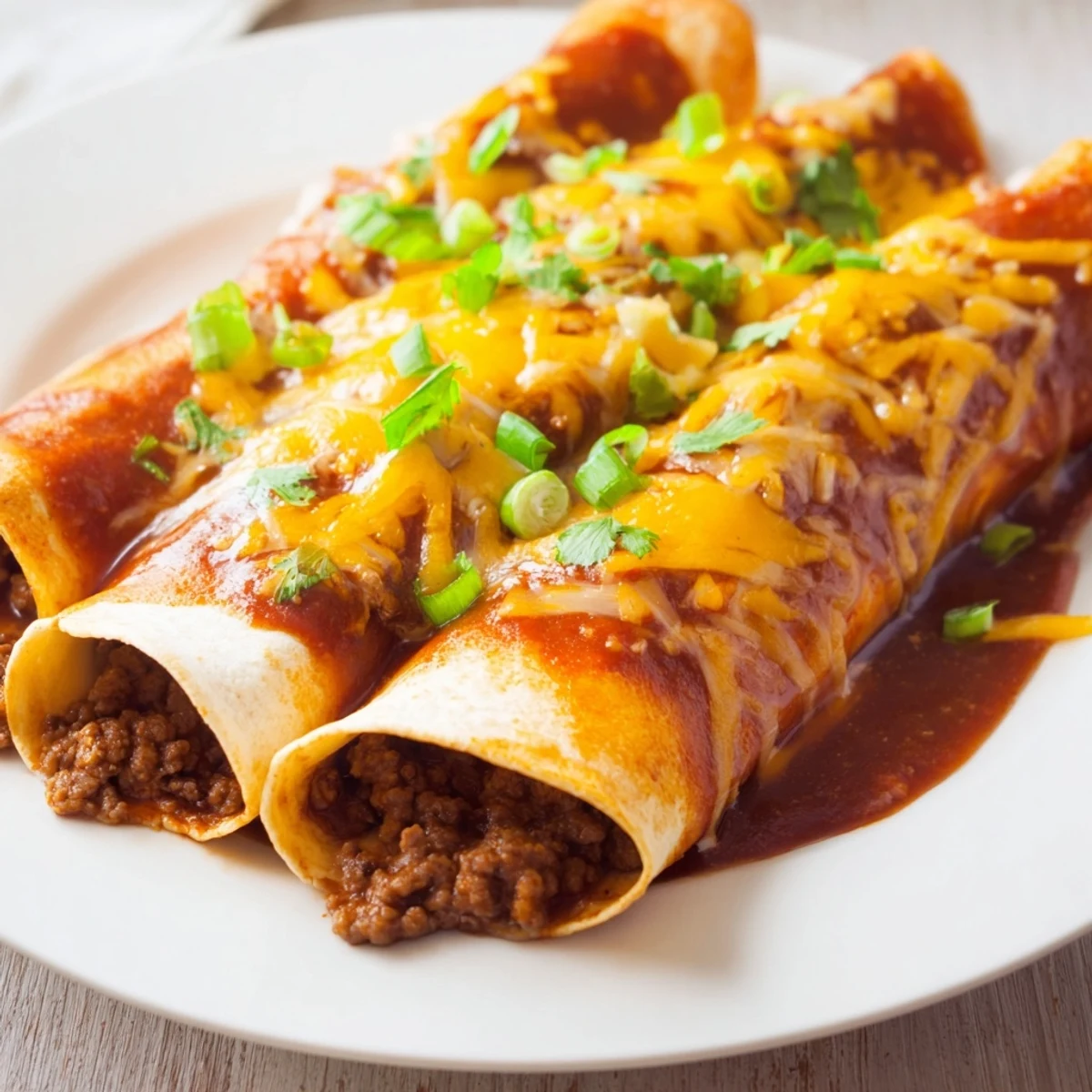 A close-up of baked Beef Enchiladas with Homemade Red Sauce, topped with cilantro and served with lime wedges on a rustic table.