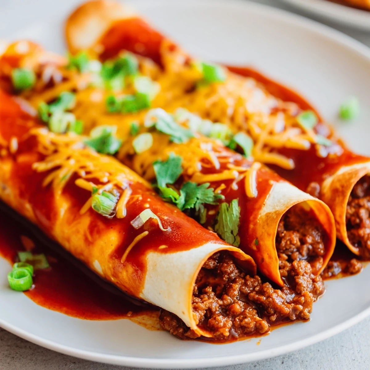 Close-up of sizzling Beef Enchiladas with Homemade Red Sauce, featuring melted cheddar and Monterey Jack cheese on a colorful dinner plate.