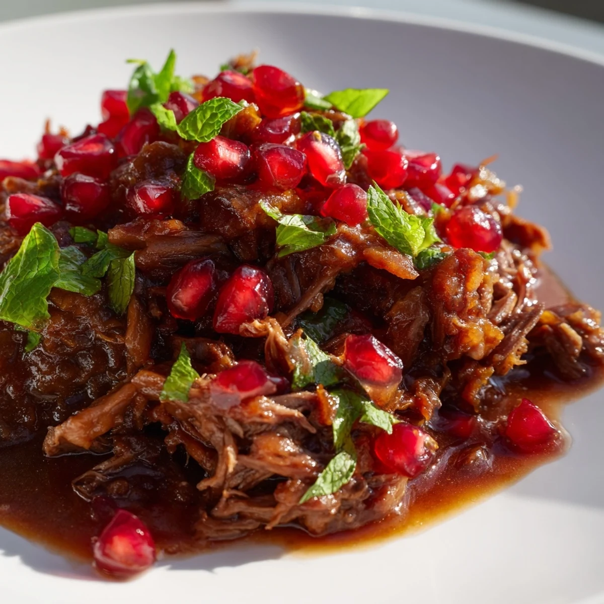 A close-up of Braised Lamb Shoulder with Pomegranate shows tender, juicy meat glistening with a dark, glossy sauce and garnished with ruby pomegranate seeds.