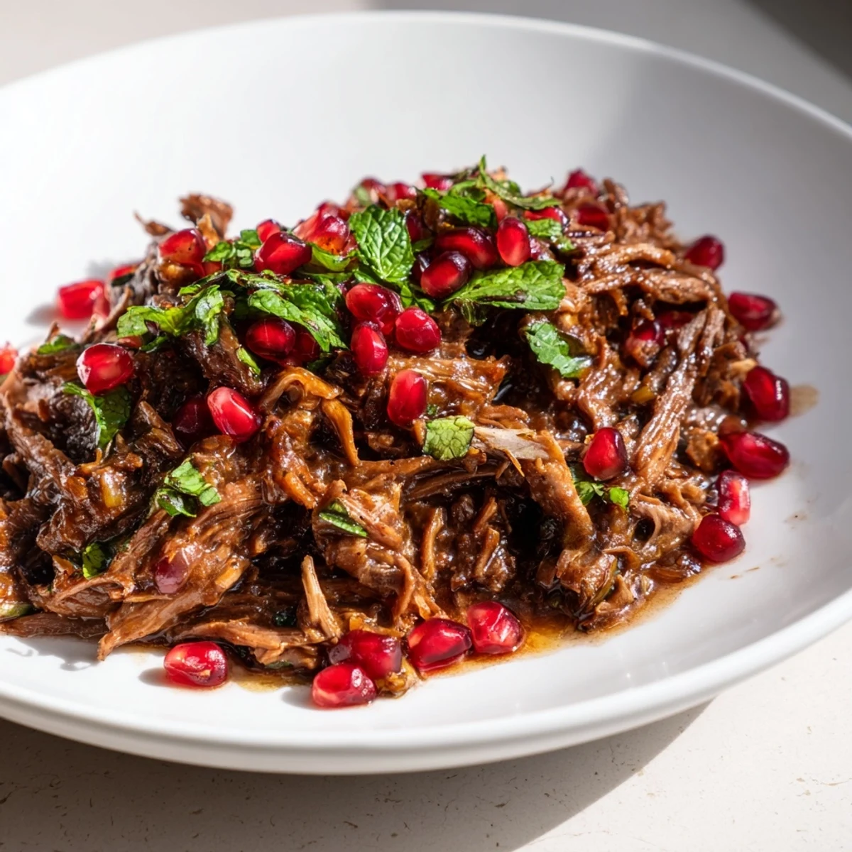 Savory Braised Lamb Shoulder with Pomegranate sits on a white plate, flanked by roasted carrots and celery, inviting a hearty main course meal.